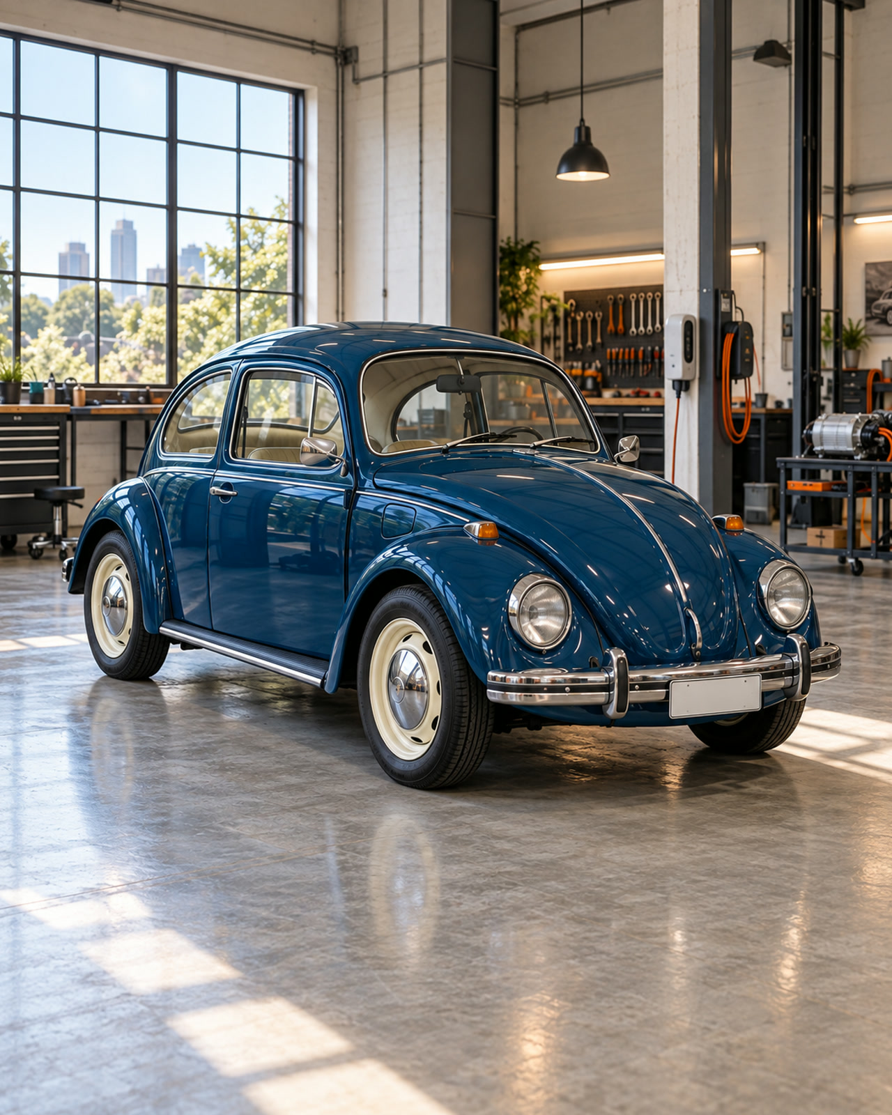 Fusca 1972 azul-petróleo visto de três quartos dentro da oficina, com carregador na parede ao fundo