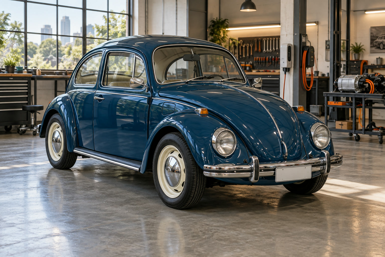 Fusca azul-petróleo parado dentro da oficina, ainda com o motor a gasolina