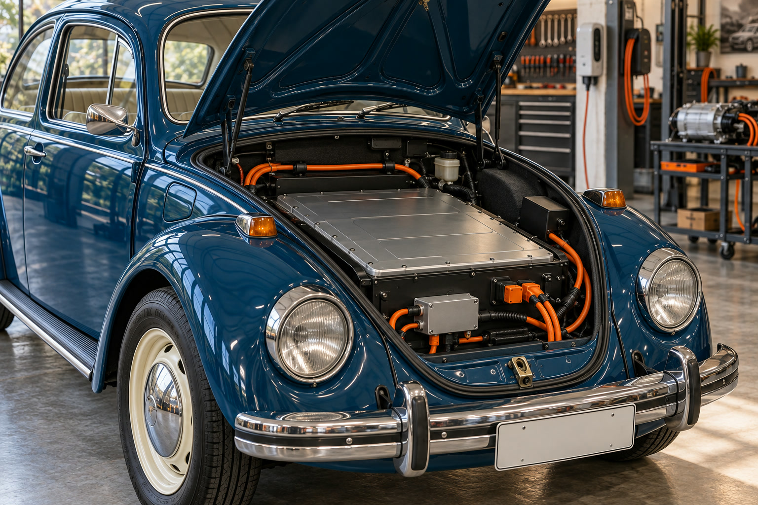 Porta-malas dianteiro do Fusca aberto com o pacote de bateria instalado e cabos laranja