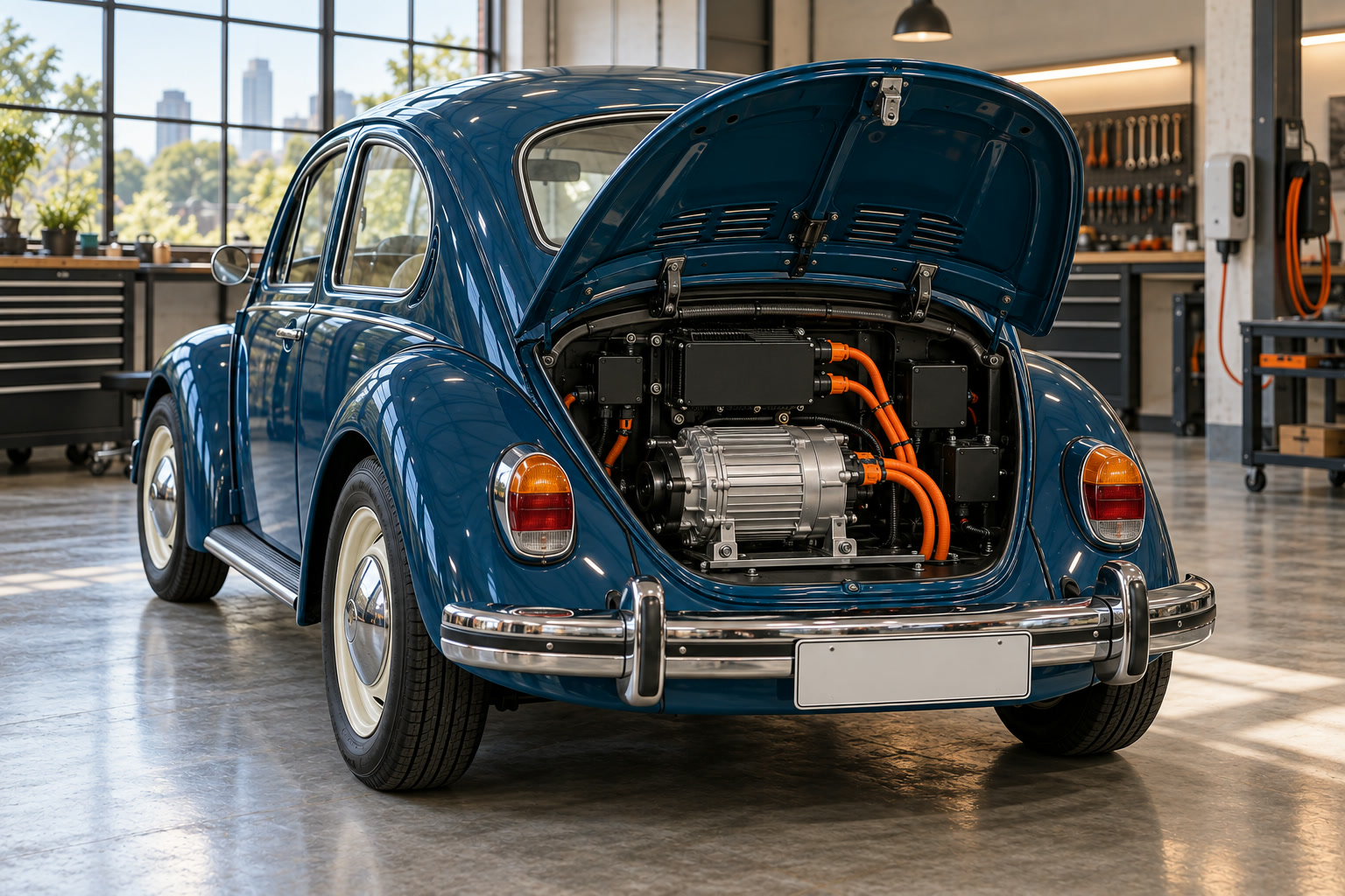 Compartimento traseiro do Fusca aberto com o motor elétrico instalado no lugar do motor a gasolina