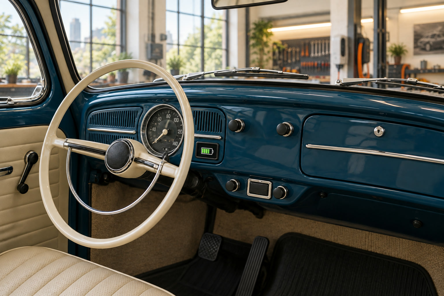 Painel de época do Fusca com volante branco e um indicador de carga discreto