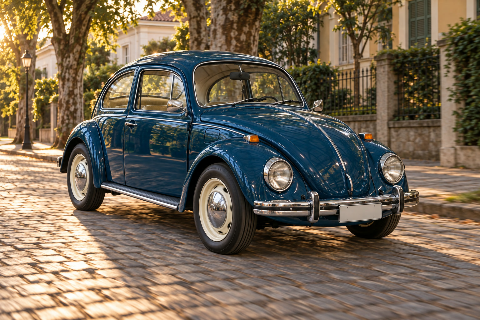 Fusca azul-petróleo já convertido, rodando em uma rua de paralelepípedo ao fim da tarde